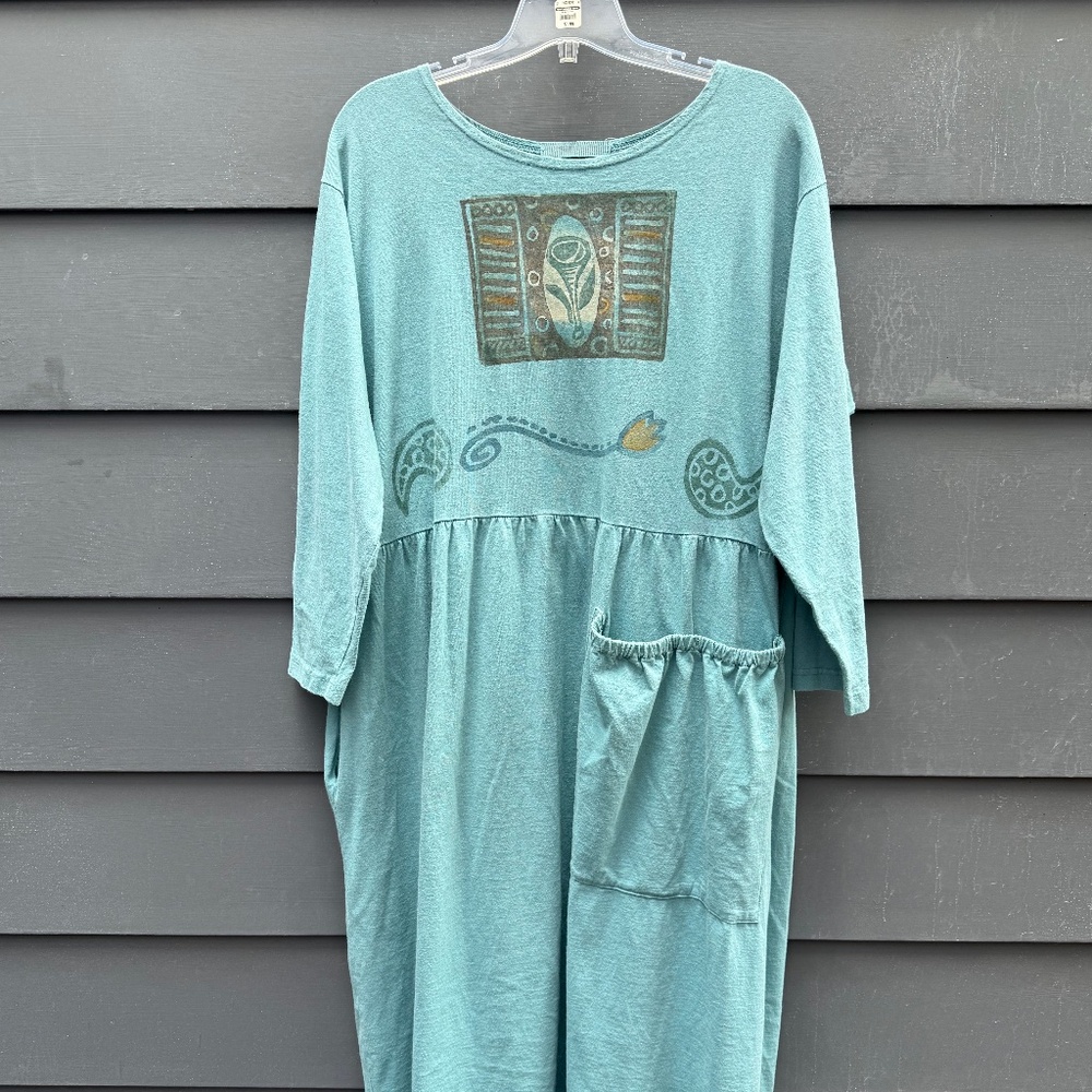Blue Fish Teal Vintage Dress with Artistic Print, XL